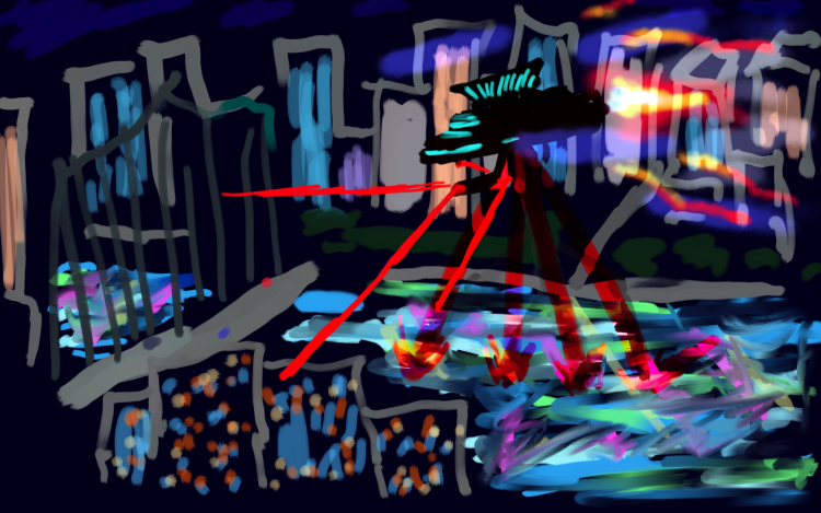 Alien Ship with Red Ruby Lasers Like Luke Near Bridge in New York City or Golden Gate