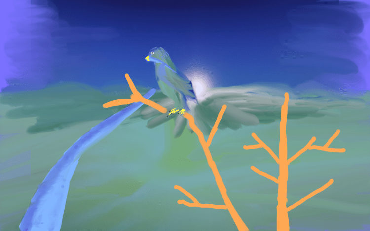 Blue Green Parrot on top of Branch in front of Stream with lens flare on back and light purple blue background